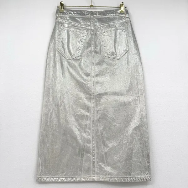 Abercrombie & Fitch Silver Metallic Denim Midi Skirt High Rise Chic Boho Size 26 - Image 2