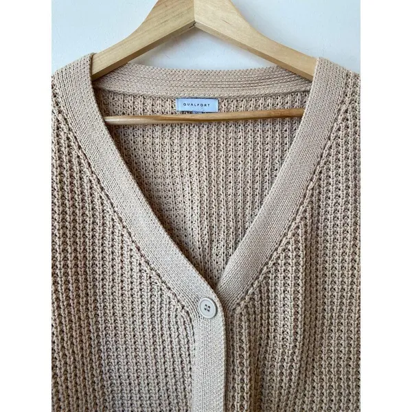 Qualfort Womens Knit Cardigan XL Beige Button-Up 100% Cotton Lightweight Sweater - Image 4