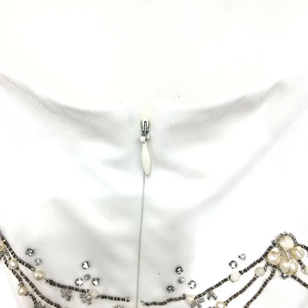 Badgley Mischka Formal Gown 10 Black White Beaded Silk Pearl High Low Maxi - Image 7