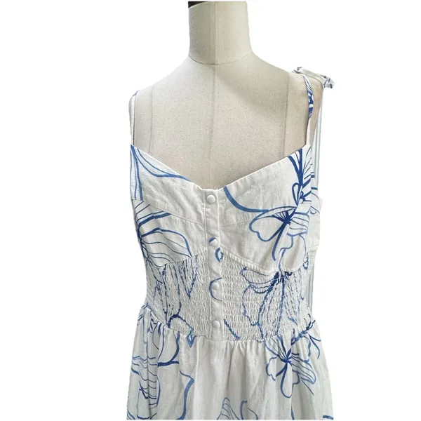 Gap Linen-Blend Smocked Corset Midi Dress Blue & White Floral Size Medium - Image 8