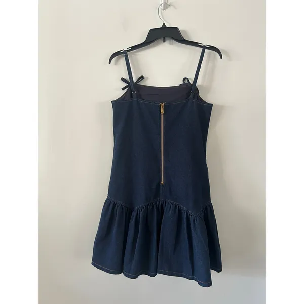 Avec Les Filles Denim Bow Shoulder Ruffle-Hem Baby Doll Mini Dress Size S - Image 4