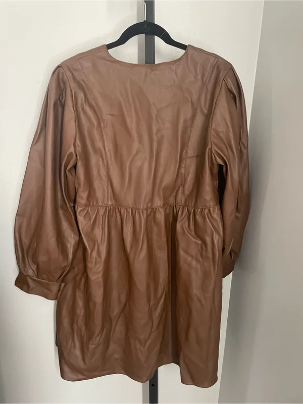 Anthropologie Deep-V Faux Leather Babydoll Dress Size XL - Image 3
