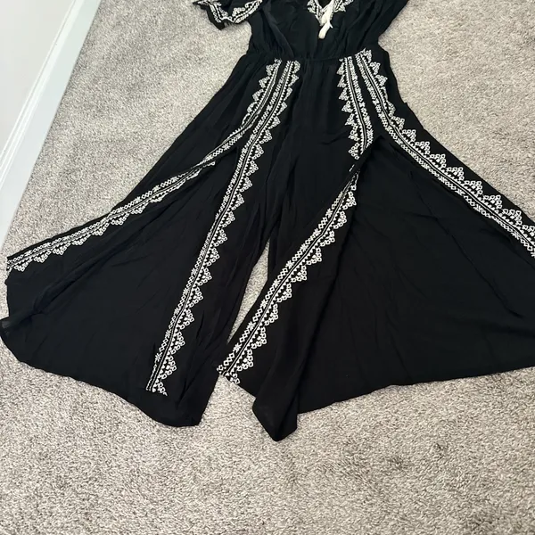 Lulus Black Jumpsuit with Off White Embroidery and Tassel - Image 6