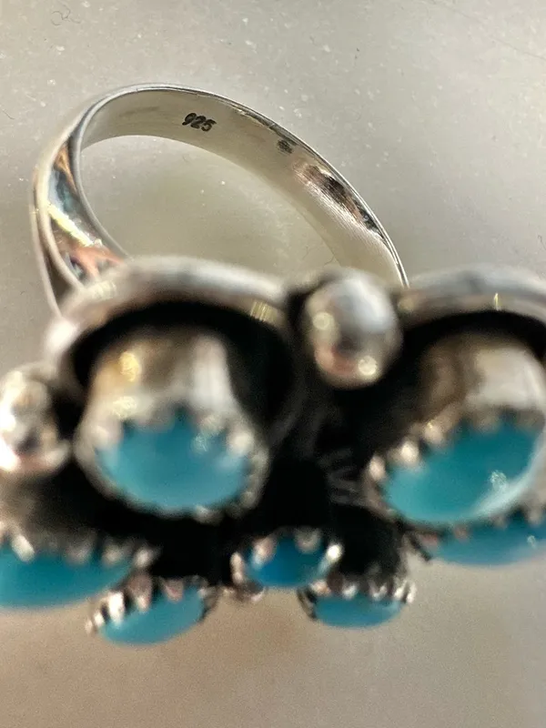 Turquoise Cluster Flower Sterling Silver Ring Size 8 Multi Stone 7 Stone - Image 4