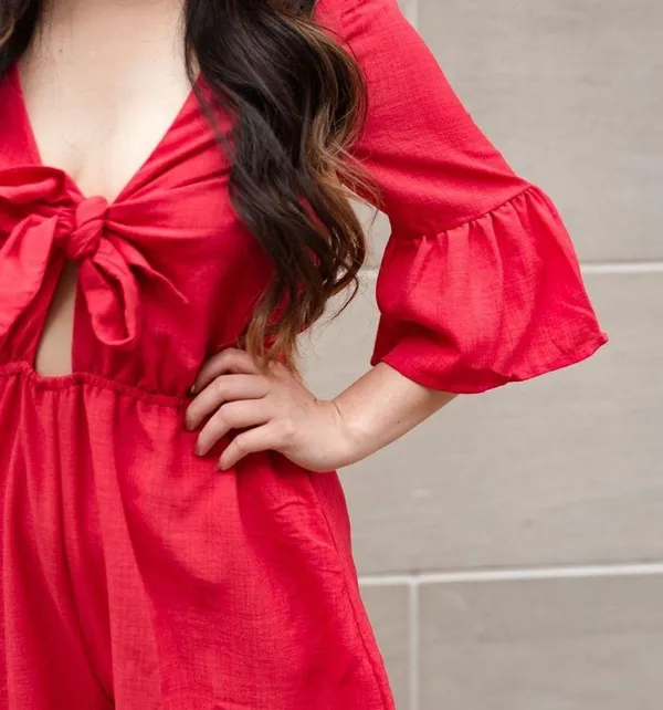 Anthropologie Listicle Mid Bell Sleeve Romper with Cut Out Knot Front - Image 5
