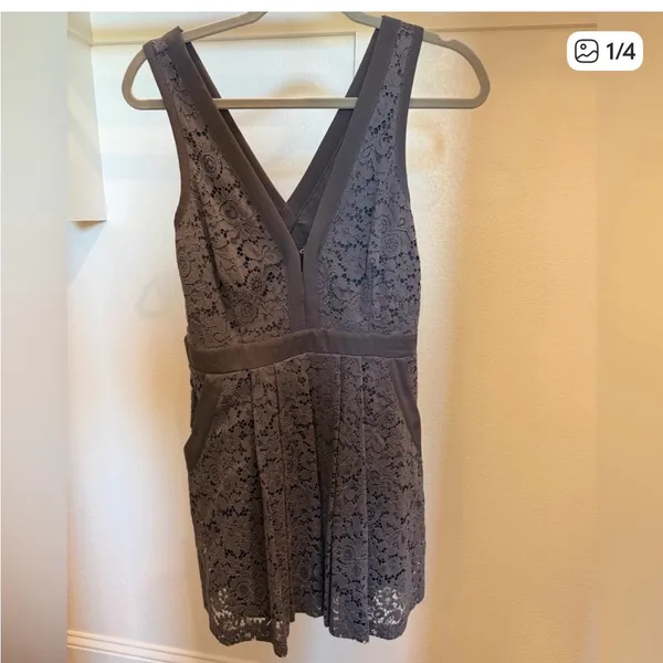 Free People Lace Fit & Flare Mini Dress Gray Deep V Boho XS - Image 5