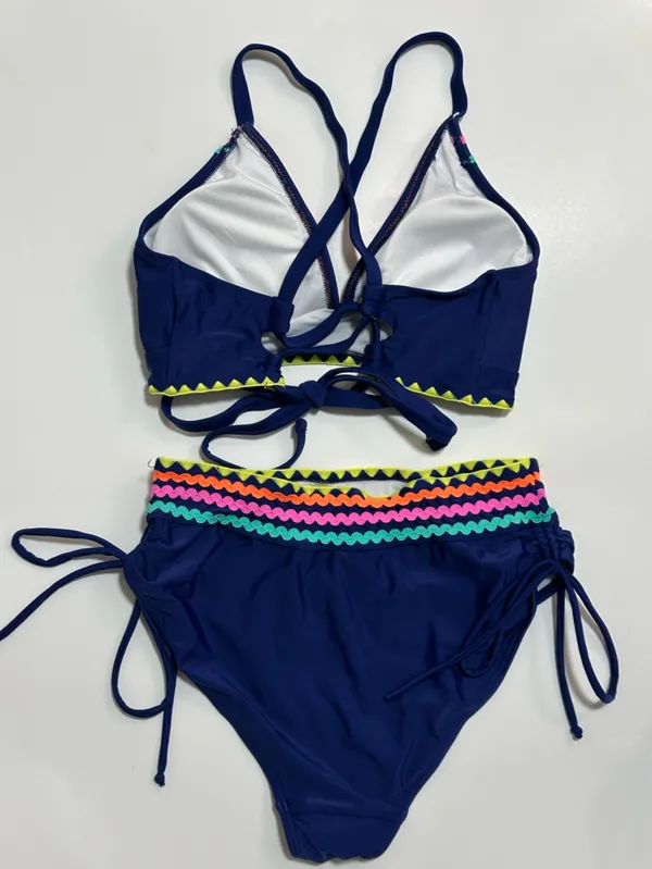 Navy High-Waist Bikini Set with Neon Trim - Image 2