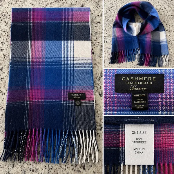 Charter Club Scarf Women OS Blue Pink Plaid Cashmere Luxury Fringe Winter Wrap - Image 2