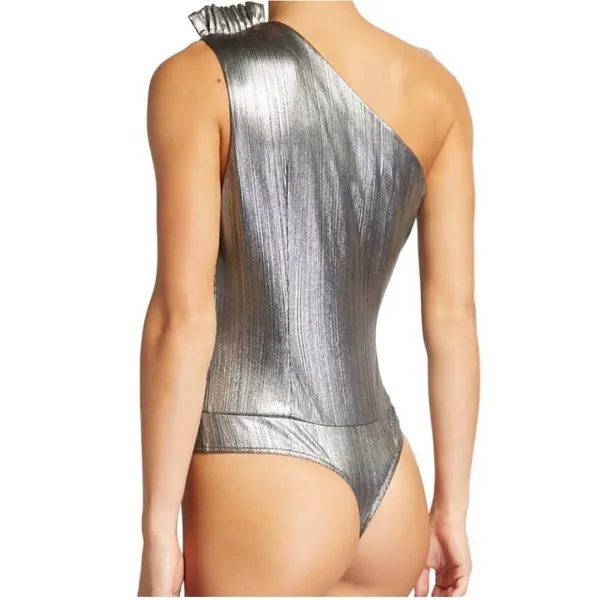 Retrofête Cassie‎ Lamé One-Shoulder Bodysuit Gunmetal Size S - Image 3