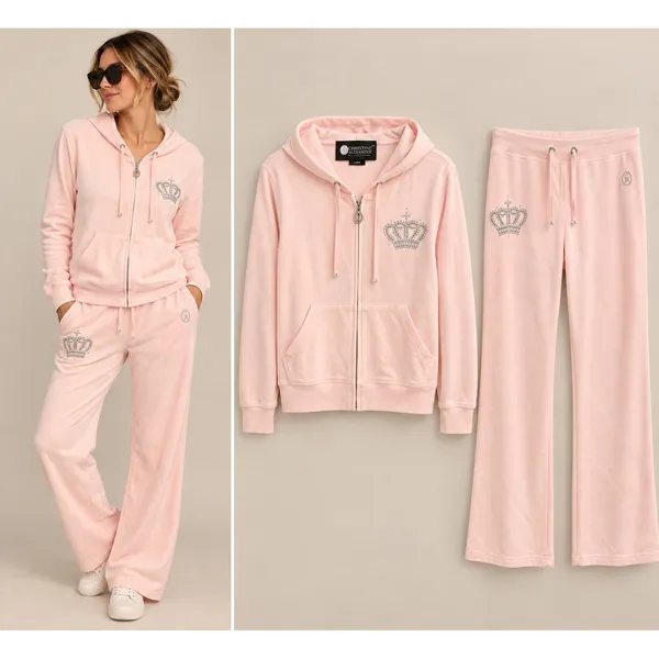 Christine Alexander Women Tracksuit L Pink Y2K Rhinestone Crown Hoodie Pants Set - Image 2
