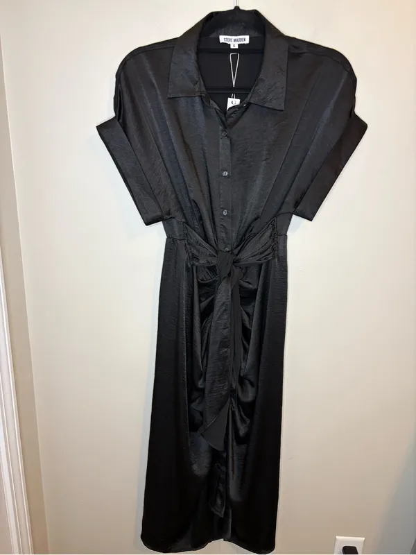 NWT Steve Madden Tori Black Satin Ruched Tie Waist Midi Dress Size 6 - Image 2