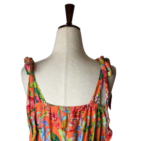 Lands' End Dress Women‎ Medium Orange Tropical Floral Smocked Tie Shoulder Midi - Image 6