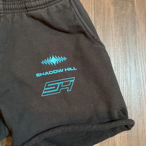 Shadow Hill Graphic Fleece Sweat Shorts Black Teal Blue Raw Hem Small Streetwear - Image 2