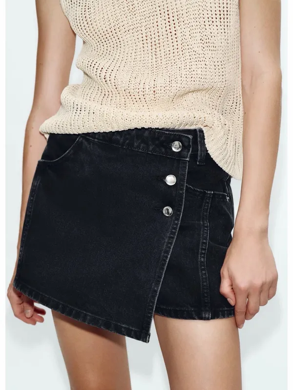 Zara Black Denim Wrap-Style Mini Skirt - Image 2