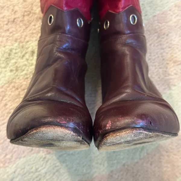 Vintage 80s Vita Mori Burgundy Geometric Western Revival Art‎ Deco Leather Boots - Image 5
