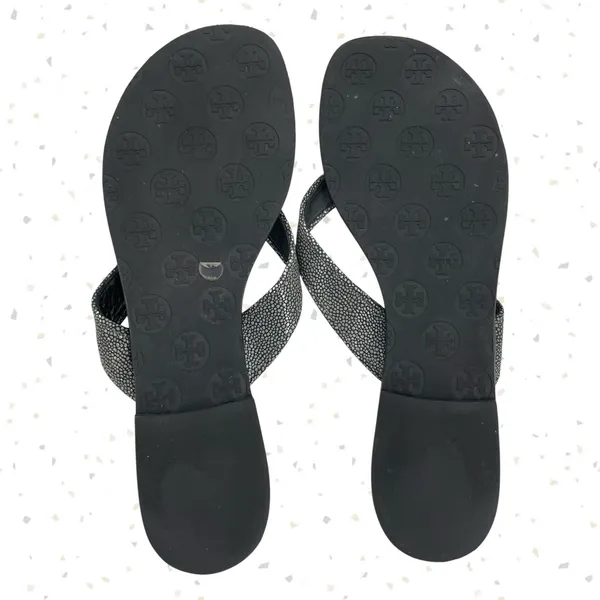 Tory Burch Thora Stingray Black Leather Thong Sandals Smoke Silver Foil Size 10 - Image 6