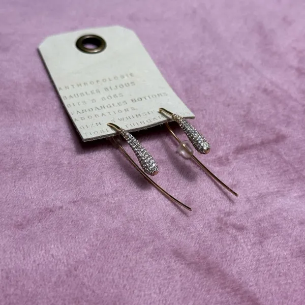 Anthropologie Gold Pave Rhinestone Teardrop Threader Earrings NWT - Image 4