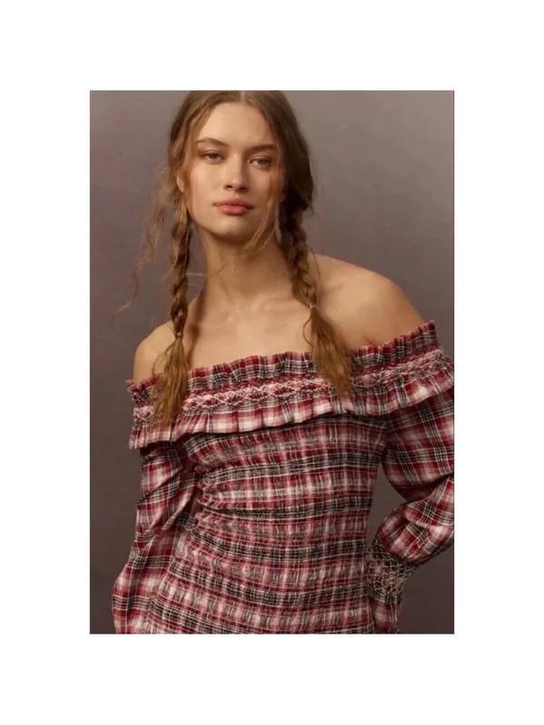 Anthropologie Pilcro Smocked Plaid Off-Shoulder Ruffle Mini Dress M Red White - Image 7