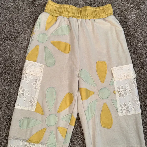 Oli & Hali Jogger Pants Women Small Yellow Patchwork Floral Eyelet Lace MB2170 - Image 5