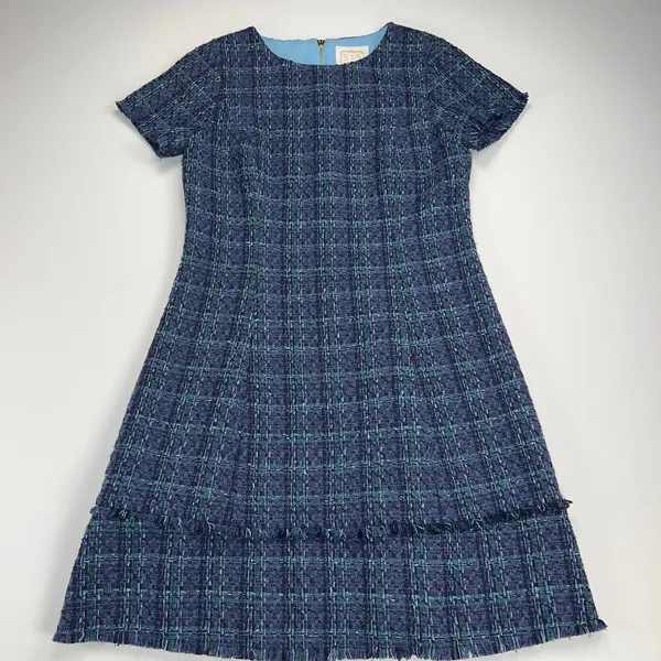 Sail to Sable Tweed Short Sleeve Shift Dress Tiered Hem Navy Blue/Green Size 6 - Image 8