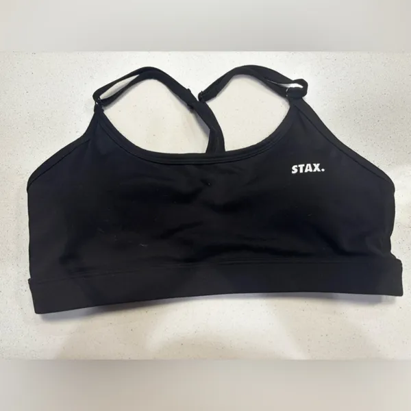 STAX. Black Strappy Crop‎ Sports Bra Size Small Padded Adjustable Straps - Image 3