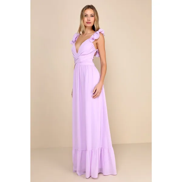 NWT Lulus Soiree Celebration Lilac Ruffled Lace-Up Maxi Dress Wedding Bride Sz S - Image 5