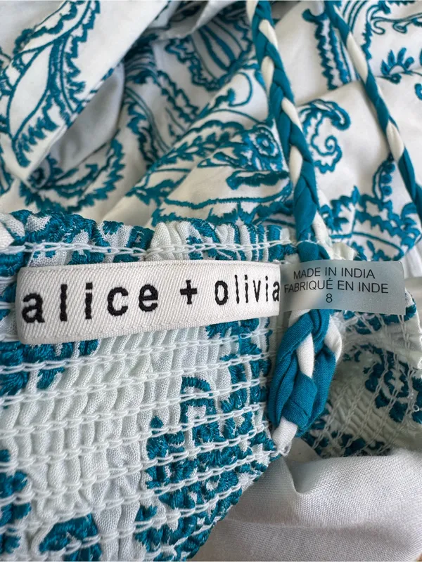 Alice + Olivia Khira Embroidered Mini Dress Bow Back Ivory Turquoise Size 8 Flaw - Image 11