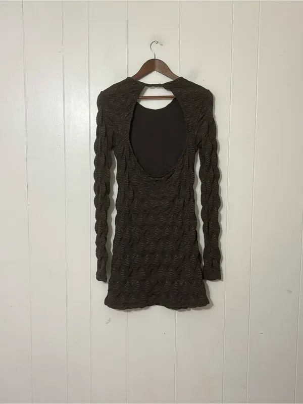 Free People Paulie Textured Open Back Mini Dress Brown M Bodycon Long Sleeve - Image 8