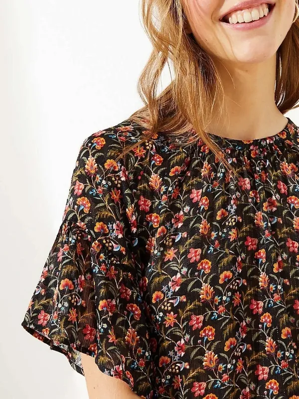 Women's LOFT Black Floral Print Flutter Sleeve Blouse L - Image 2