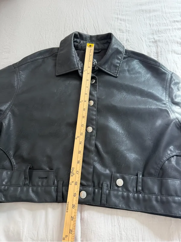 ZARA Black Faux Leather Snap-Front‎ Cropped Jacket Oversized - Image 4