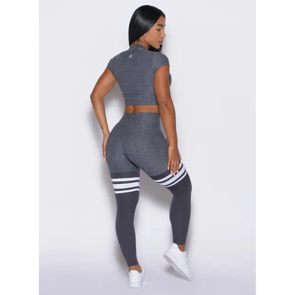 Bombshell Sportswear Perform Thigh High Leggings Women M Gray Stripe Pocket - Image 2