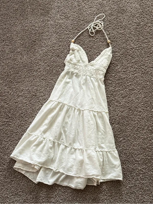 Off White Crochet Halter Beaded Tie Back Boho Tiered Mini Dress Tunic - Image 7