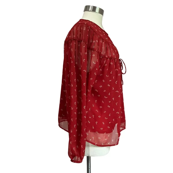Old Navy Tie Front Red Floral Chiffon Long Sleeve Boho Blouse Sz‎ L - Image 4