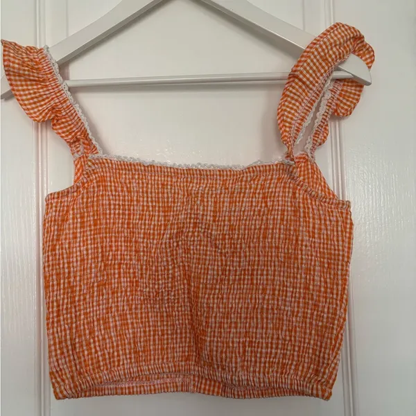 Orange Gingham Ruffle Strap Top - Image 6