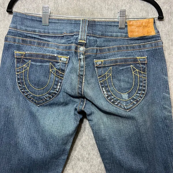 True Religion Bootcut Jeans Dark Wash Distressed Denim USA Made Size 29 Altered‎ - Image 12