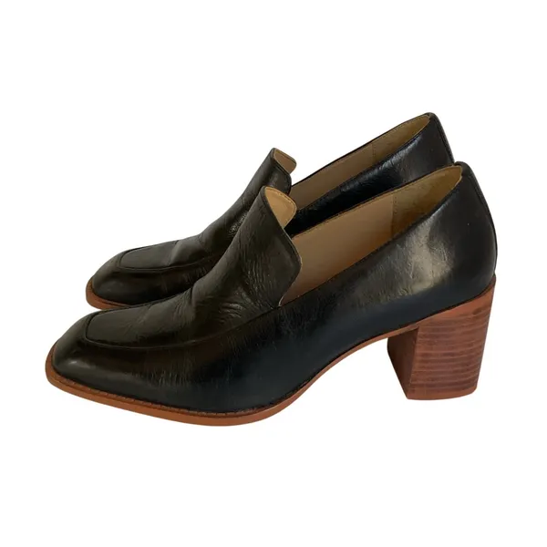 42 Gold Women’s Size 6 Black Leather Loafer Pumps Block Heel Slip On Shoes - Image 2