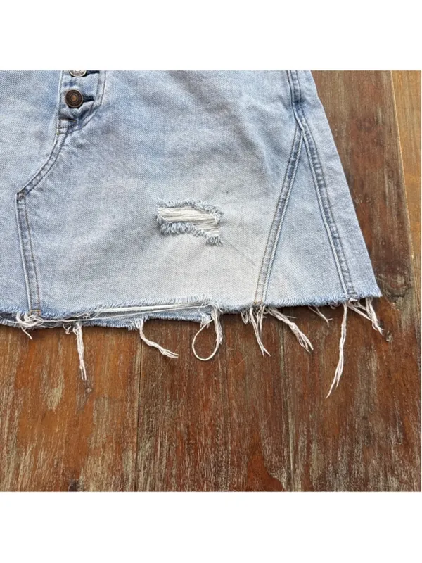 Free People We The Free Distressed Denim Mini Skirt Button Fly Light Wash Sz 30 - Image 4