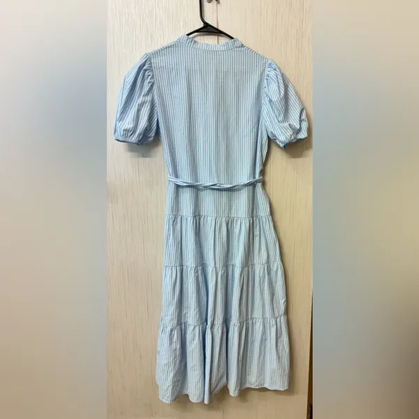 Chic Vintage Charm Cottagecore Pinstripe‎ Tiered Tie-Waist Midi Dress M - Image 3