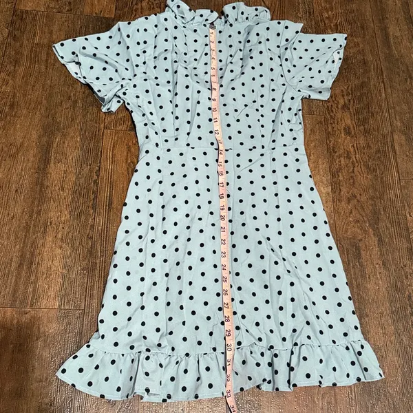 Blue and Black Ruffle Trim Wrap Detail Polka Dot Dress Medium - Image 5
