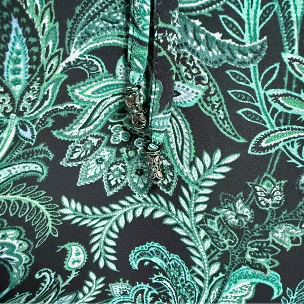 Kim Gravel Belle Black Green Paisley Sheer Sleeve Overlay Split V Neck Tie Top M - Image 4