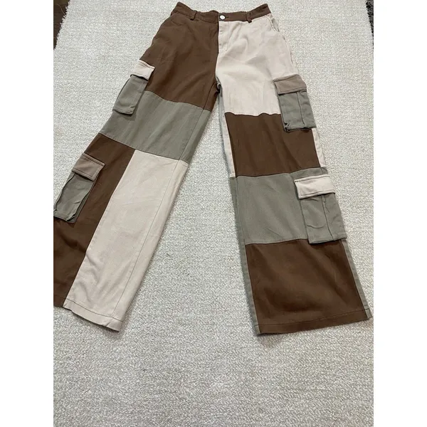 Hot & Delicious Patchwork Cargo Pants Brown Beige Olive Cotton Relaxed Women's M - Image 15