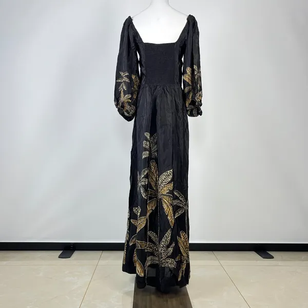 NWOT Farm Rio Maxi Dress Size S Black Print Puff Sleeves Plant Short Sleeve - Image 9