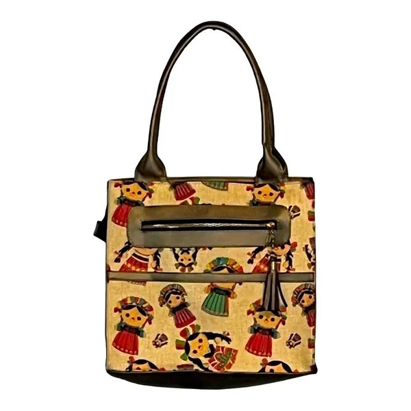 Mexican Doll Tote Bag Womens Medium Tan Brown Multi Folk Art Tapestry Lele‎ Doll - Image 2