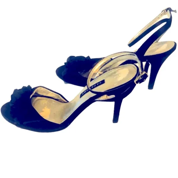 Caparros Black Satin Gold Beaded Rose Ankle Strap Heels 6.5 - Image 7