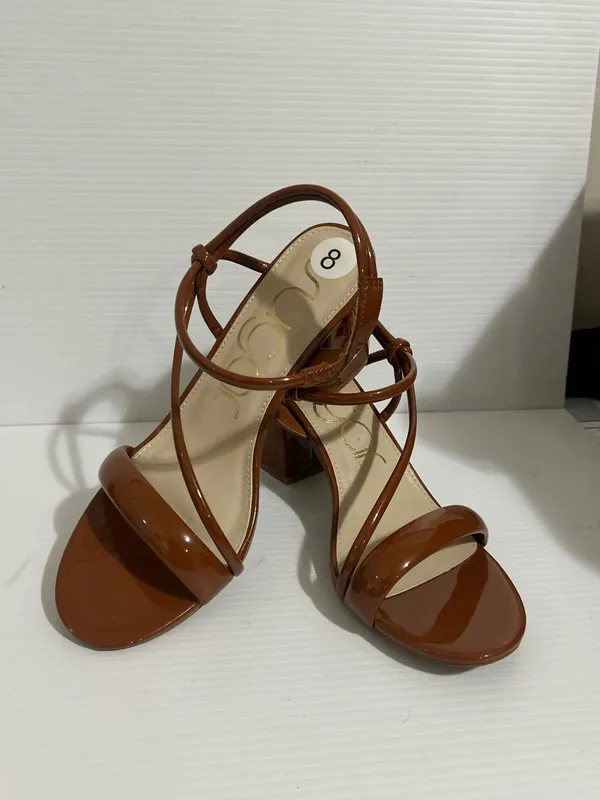 Aldo Women’s Brown Patent Strappy Block Heel Sandals Ankle Wrap Size 8 US - Image 4