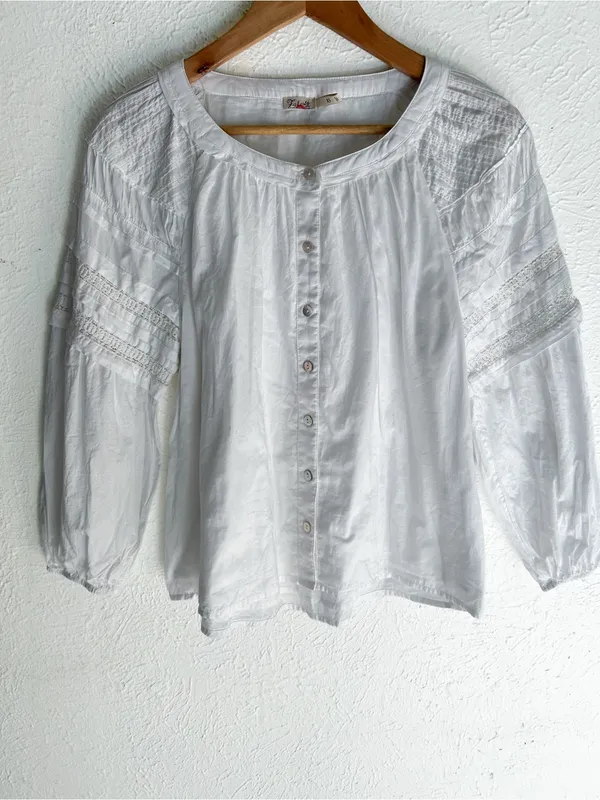Faherty Enna White Cotton Lave Pintuck Top XS Cottagecore Prairie Peasant Blouse - Image 3