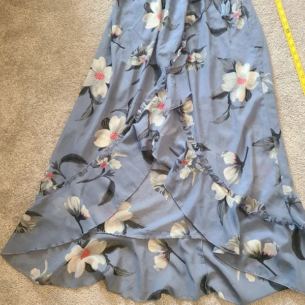 Hint of Blush Long Maxi Flutter Dress Size Large Magnolia Floral Blue High Low - Image 12