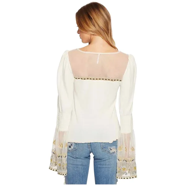 Free People Small Top Ivory Embroidered Bell Sleeve‎ Flared Boho Dramatic 696 - Image 2