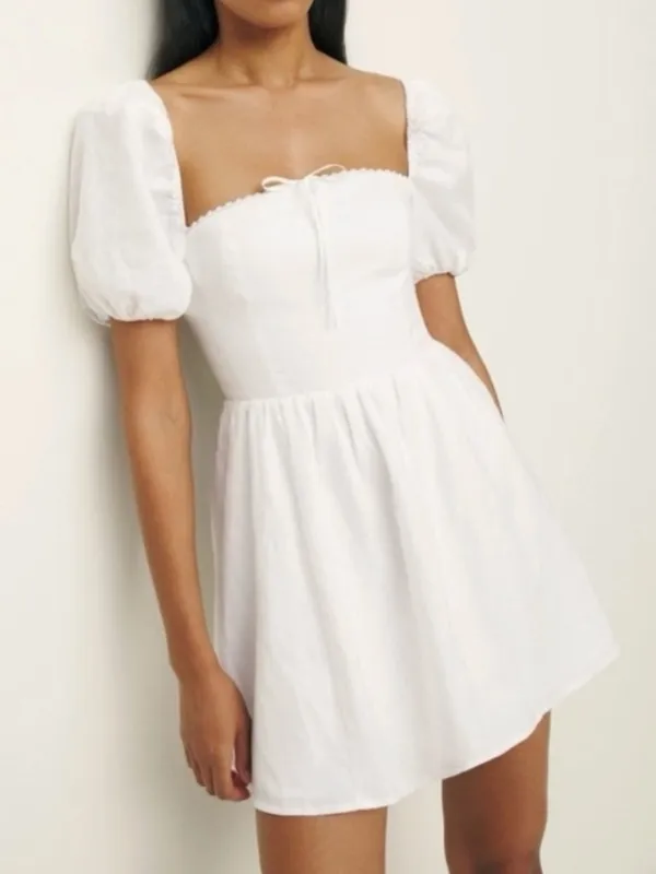 NWT Reformation MALVINA LINEN Puff Sleeve Mini DRESS 10, WHITE - Image 3