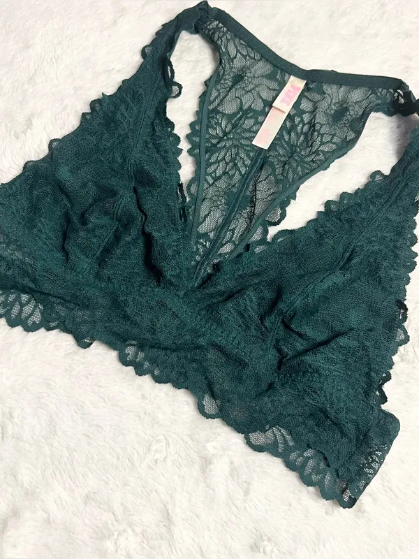 VS PINK Dark Green Lace Racerback Bralette Wireless Comfort Bra Size Large - Image 5